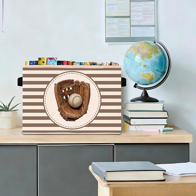Baseball Glove Storage Bin, Foldable Fabric Organizer Basket | Baseball glove storage bin with striped background, glove and ball artwork, foldable fabric design and handles.
