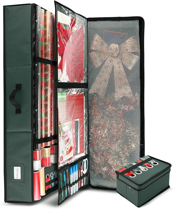 Hearth & Harbor Holiday Storage with Extra 2 PC of Christmas Storage Bins and Ribbon Storage Organizer - Fade Resistant Wrapping Paper Storage Containers with Wheels Fits Up to 30 Rolls of 40" Length