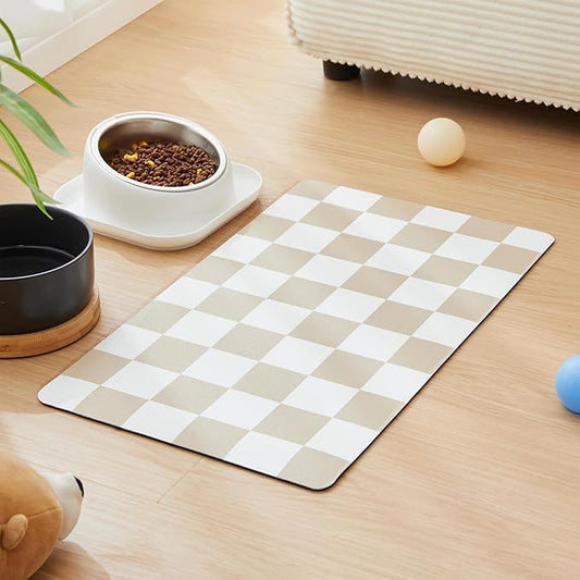Ralxion Checkered Dog Feeding Mat, Absorbent Mats for Dog Food and Water Bowl, Dispenser, Retro Aesthetic Khaki Beige Checkerboard Pet Placemat for Dogs, Cats, Puppy Accessories, 12" X 19”