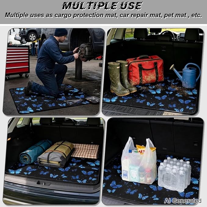 Butterfly Print Universal Car Trunk Mat 29" x 39", All Weather Non Slip Cargo Liner for SUV Truck, Washable Durable Pet Friendly Dark Blue Rear Cargo Protection