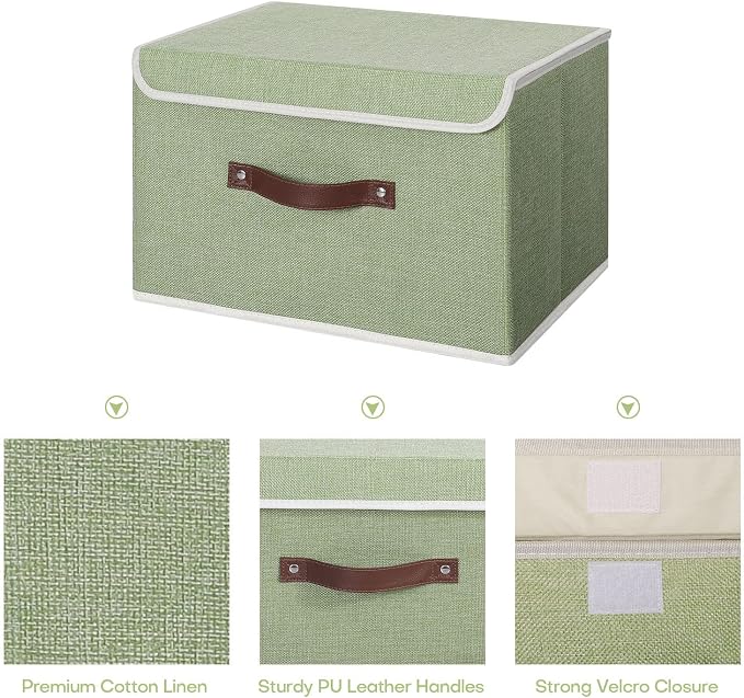 ANMINY Fabric Storage Box Bins with Lids, Green, 15"x10"x10" | Keepsake Memory Storage, Cotton Linen, PP Board Reinforced, Washable, PU Handles, Foldable & Stackable, Decorative, Large