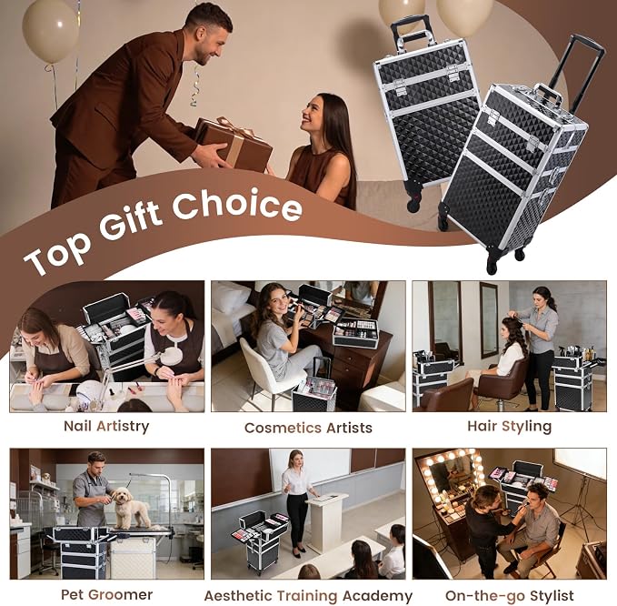 3 in 1 Rolling Makeup Case Cosmetology Case on Wheel Vintage Black | Cosmetic Trolley Large Storage with Keys 360° Swivel Salon Barber Case Traveling Cart Trunk for Artist Hairstylists Nail Tech