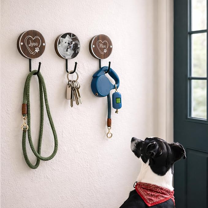 Personalized Dog Leash Hook Holder Wall Mount, Collar Harness Organizer with Pet Name or Photo, Wooden Custom Dog Mom Gift, Single Hook