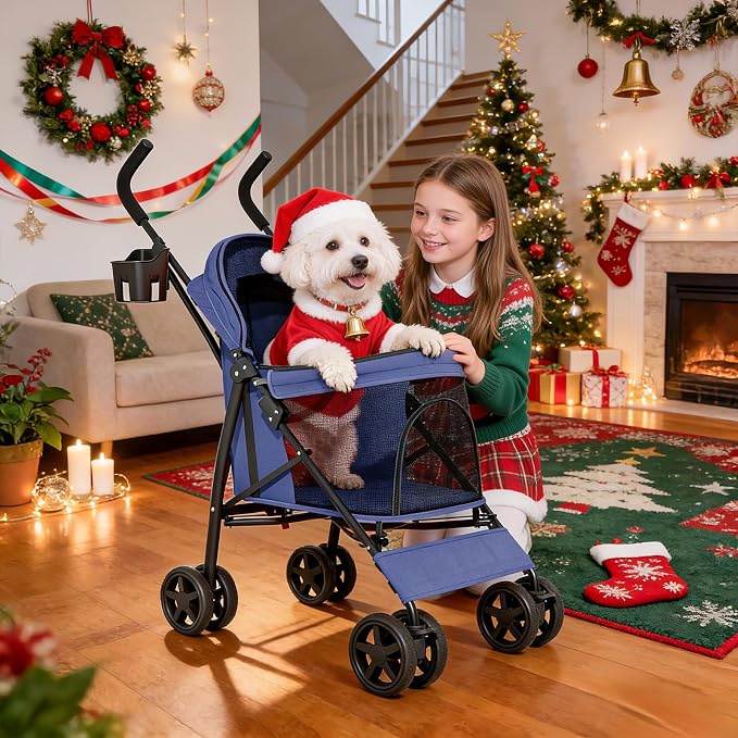 MoNiBloom Pet Stroller for Small/Medium Dogs & Cats Holds 22 lbs, Navy Blue | Foladble 4 Wheels Easy-Fold Puppy Cage Jogger Stroller with Sun Cover, Pad and Rear Storage Bag, Breathable and Visible Mesh