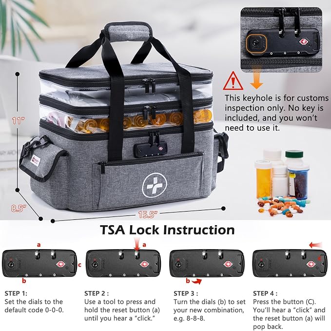 BAGSFY 3-Tier Medicine Organizer with Combination Lock – Large Medicine Bag, Empty First Aid Kit Case, Pill Bottle Medical Supply Organizer, Travel Prescription Bag, Medication Storage Container