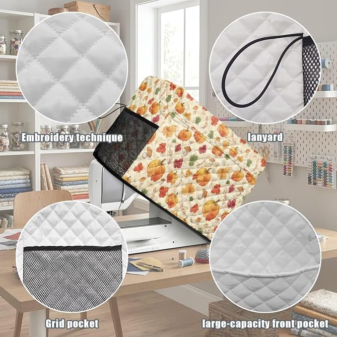 Sewing Machine Cover Polyester Febric Thanksgiving Pumpkin Maple | Dust Pet Hair Protection,Quilting Design,Fits Standard Singer,Brother Janome Machines,Protecting Decorating Your Sewing Space