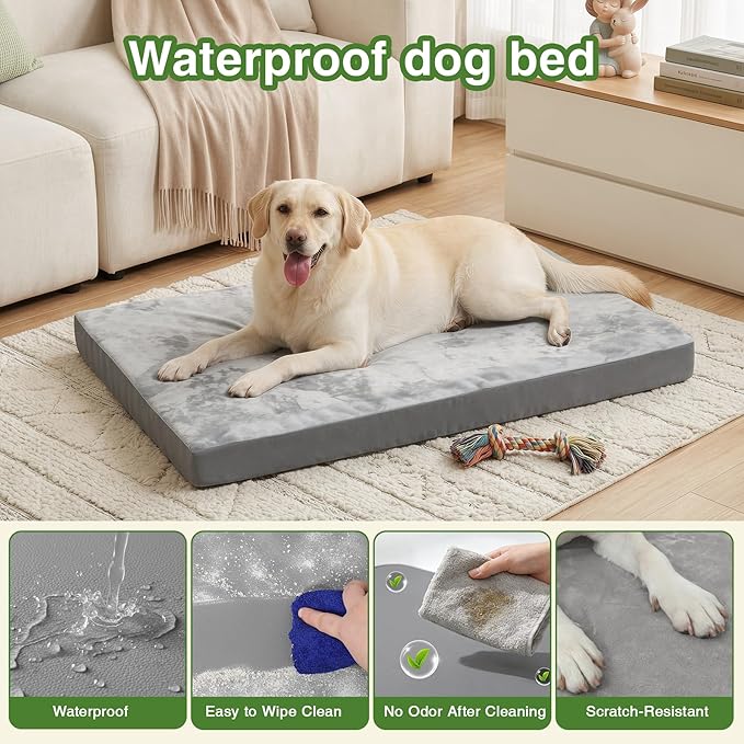 Waterproof Large Dog Bed, Washable Outdoor XL Pet Foam Pad 44x32 Anti-Slip | Extra Large Orthopedic Pet Bed, Durable Removable Cover, Reversible Faux Leather & Flannel, Dog Sleeping Mats,Gray
