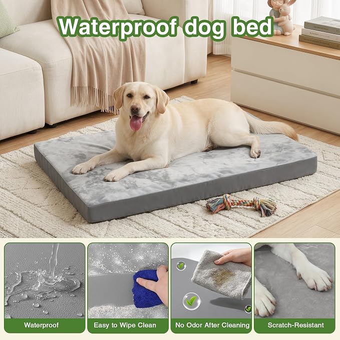 Waterproof XXL Dog Bed, Outdoor Washable Large Foam Crate Pad 48" Anti-Slip | Jumbo Pet Bed, Reversible Faux Leather & Flannel, Durable Removable Cover, Kennel Pad 47"x29" Gray