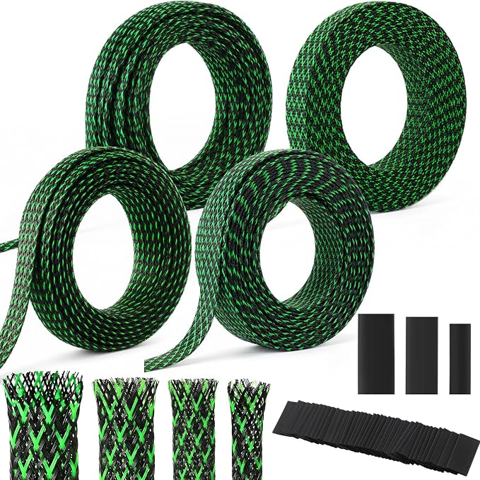 Tatuo 151 ft Braided Cable Sleeve Expandable Wire Sheathing(Green, Black) | with 120 Heat Shrink Tubing 1/4 in 2/5 in 1/2 in 3/4 in Wire Sleeve Cord Management for Television Audio Computer Video Pets
