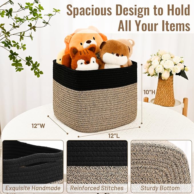 3 Pack Cube Storage Bin, 12”x12”x10” Cotton Rope Woven Baskets for Organizing Toys Clothes Towels, Square Gift Storage Baskets for Shelves, Nursery, Closet, Bathroom, Pantry (Black & Brown)