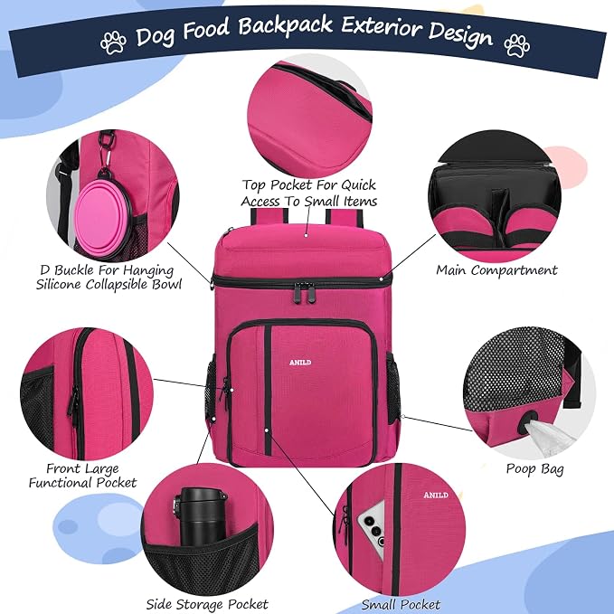 ANILD Dog Travel Bag Backpack, Flight-Ready TSA-Approved Dog Travel Bag with 2 Leak-Proof Food Canisters, 2 Foldable Silicone Bowls, Multi-Compartment Organizer for Hiking, Camping, Dog Mom Essentials