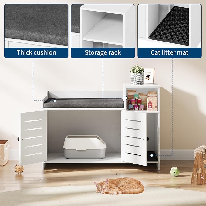 Cat Litter Box Enclosures, Large Hidden Cat Litter Box Furniture with Double Door, Wooden End Table Litter Box Cabinet with Storage Shelf, Cushion & Litter Mat, Dog Proof Design, Modern Cat House
