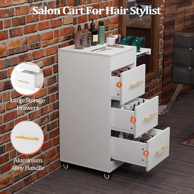 OmySalon Salon Trolley Cart with Wheels, Wooden Hair Storage Cabinet, Stylist Cart Mobile Hairdressing Barber Station for Beauty Spa Barbershop, 3 Large Drawers, 3 Hot Tool Holders, White