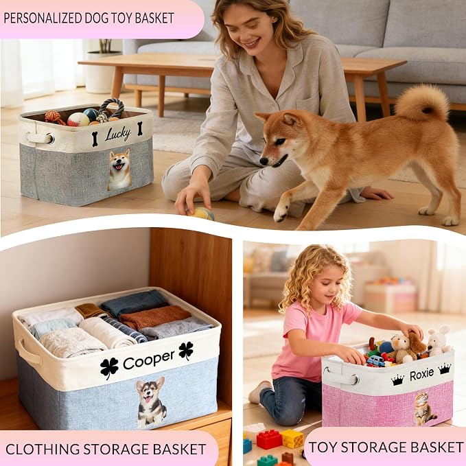 Personalized Dog Toy Basket Collapsible Storage Organizer Bin with Custom Pet Name Photo Foldable Canvas Box for Toys, Treats, Leash, Clothes Blankets Portable Handle Design
