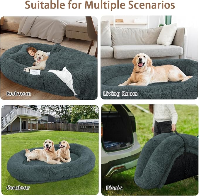 ROOMTEC Human Dog Bed, 78''x51''x12'' Size Fits Adult and Pet Washable Giant People Bed 10 CM Thick Memory Foam Large Oversize Pet Bed with Plump Pillow, Blanket, Strap - Darkgrey