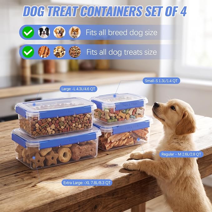 Mifoci 4 Pcs Airtight Dog Treat Container Pet Food Storage with Lids | 1.3-8.2 Qt Plastic Pet Treats Storage Bins Stackable Airtight Dry Food Container Set in 4 Sizes for Biscuits Snacks
