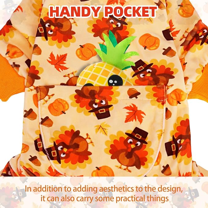 PUPTECK Soft Fleece Dog Pajamas for Small Medium Dogs, Dog Onesie Puppy Sweaters Clothes Jumpsuit Pjs, Cute Jammies Cat Coat Pet Costume Apparel, Turkey Orange XXL