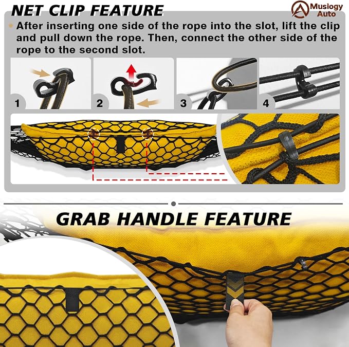 Muslogy Cargo Net for Nissan Titan 2017-2025 2026 Accessories | Custom Fit, Truck Bed Storage Organizer Net for Pickup Truck Bed Divider, Heavy Duty Carabiners, Night Visible Grab Handle
