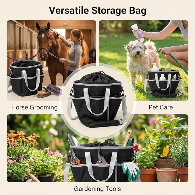Horse Grooming Tote Bag with 6 Pockets & Drawstring Closure, Portable Grooming Bag for Horses, Waterproof Tack Bag with Shoulder Strap for Horse Grooming Supplies, Equestrian Grooming Kit Organizer