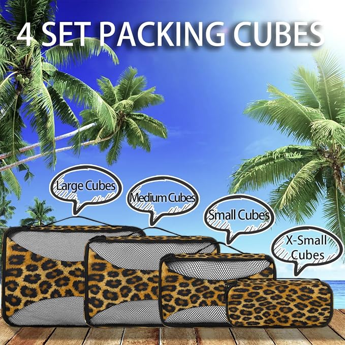 4 Set Packing Cubes for Travel, Leopard Print Animal Skin Packing Cubes for Women, Travel Luggage Packing Organizers, Packing Cube Set, Leopard Print