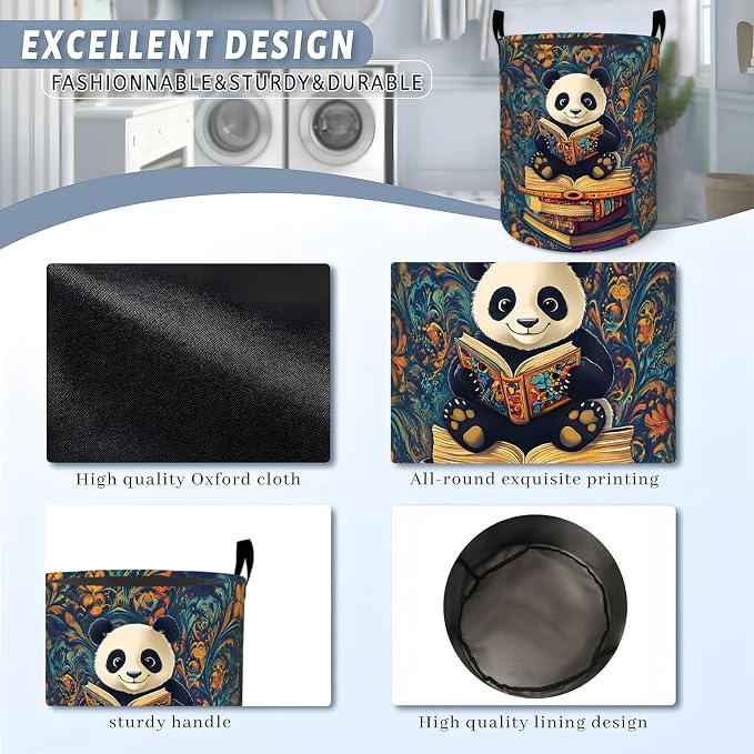 Panda Book Laundry Basket, Reading Animal Bookshelf Storage Hamper, Round Collapsible Waterproof Cloth Bin, 19.7x15.7 Inch Bookish Clothes Organizer Gifts for Bathroom Decor