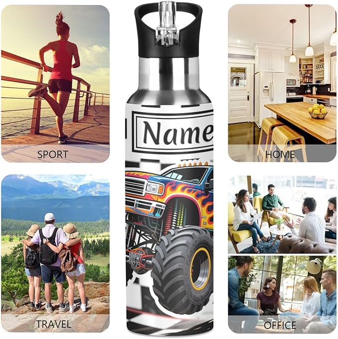 Custom Name Truck Car Checkered Water Bottle with Straw Lid Kids Insulated Stainless Steel Water Flask Sports, 20 Oz Hot Cold