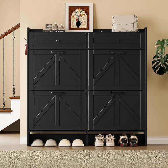BORNOON Shoe Storage Cabinet for Entryway, Farmhouse Wide Shoe Cabinet with 4 Flip Drawers and 2 Top Drawers, Freestanding Organizer with Adjustable Shelves, Hooks, and Anti-Tip Kit for Hallway