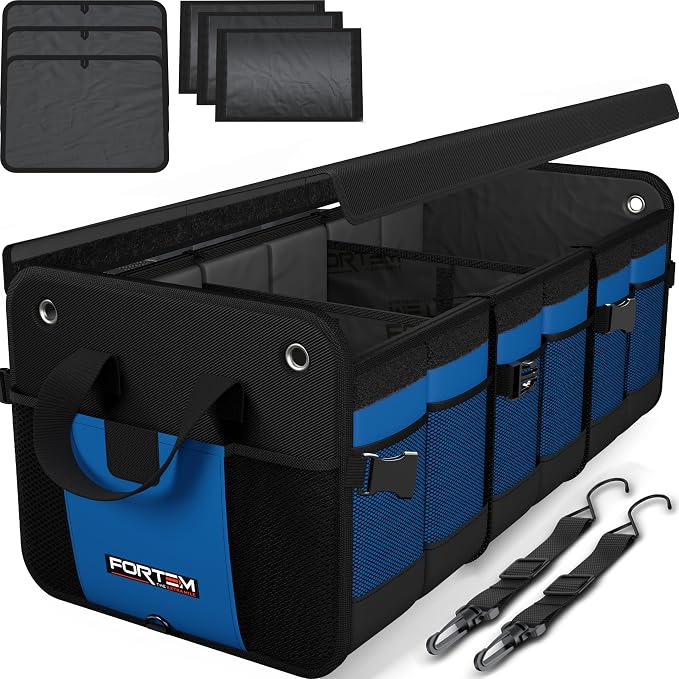 FORTEM Trunk Organizer - Collapsible Car Organizer & Storage Bag for SUVs | Car Accessories for Men & Women, Cooler Bag, Non Slip Bottom, Straps, Soft Cover, 1680D Oxford, 6 Compartments, Blue, 90L