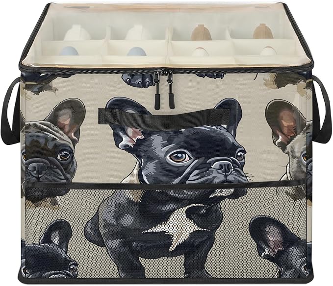 TropicalLife French Bulldog Shoe Organizer for Closet | Foldable Shoe Storage Box Bin 16-32 Pair Shoe Storage for Sneakers, Boots & Heels with Adjustable Dividers, Clear Cover