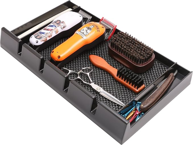 Barber Clipper Tray Organizer, Trimmer, Corded Clippers Holder for Hairdresser, Salon Station Haircut Tools Keeper with Anti-Slip Mat - 15.7" L x 8.9" (Rectangle)