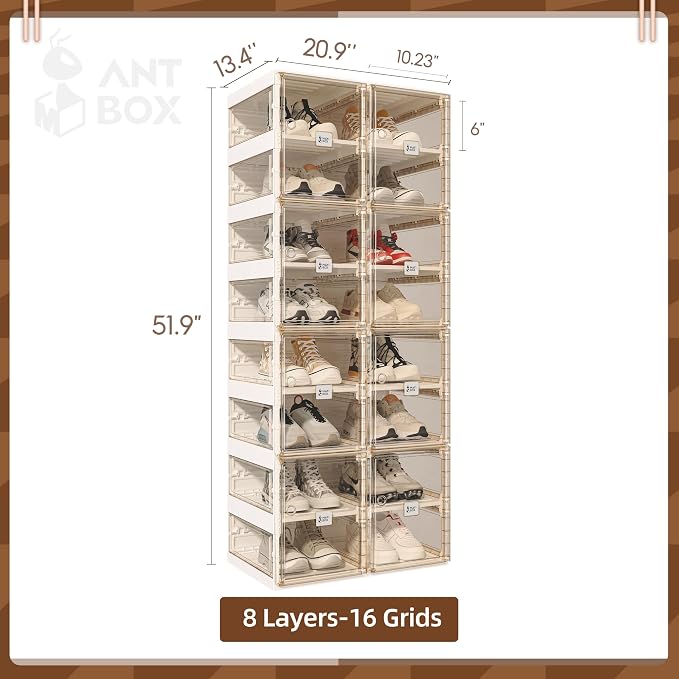 ANTBOX Foldable Shoe Rack,Shoe Organizers for Closet Plastic Shoe Storage Box for Entryway,Living Room,Large Sturdy Stackable Sneaker Cabinet Bins with Magnetic Clear Door 8 Tiers 16 Pairs