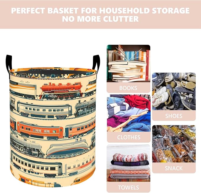 Vintage Train Laundry Basket Hamper 19.7"x15.8", Organizer Bins Gifts for Kids Boys Girls, Locomotive Railway Foldable Waterproof Oxford Clothes Storage Bucket for Bedroom Bathroom Decor