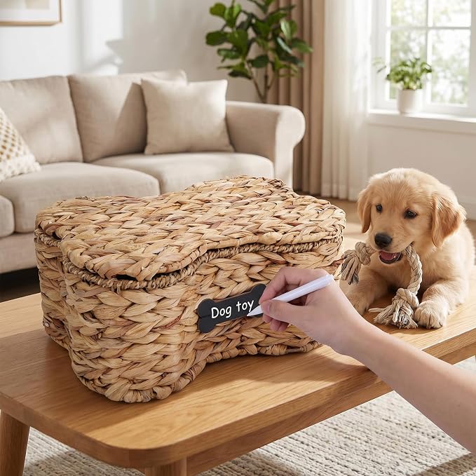 Pethiy Dog Toy Basket with Lid, Woven Water Hyacinth Pet Toy Storage, Seagrass Edge Dog Toys Organizer Bone Shape Basket Toy Box for Dogs Bone Shaped Basket