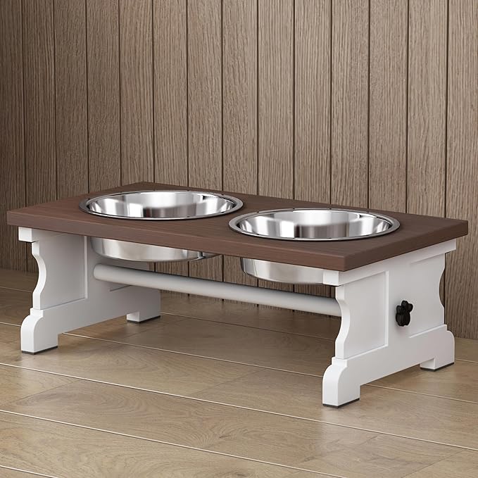 Piskyet Elevated Dog Bowls,Dog Bowl Stand, 3.5Cups6''H_30 oz Bowl-Farmhouse | Farmhouse Dog Bowls Stand, Raised Dog Bowl with 2 Stainless Steel Wooden Dogs Bowls for Small Size Dogs