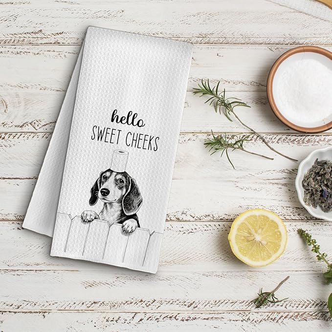 Farmhouse Funny Dachshund Dog Hand Towels, Hello Sweet Cheeks Bathroom Decor, Weiner Dog Lover Gifts Decorative Hand Towels for Bathroom Washroom Restroom, 16x24 Inch
