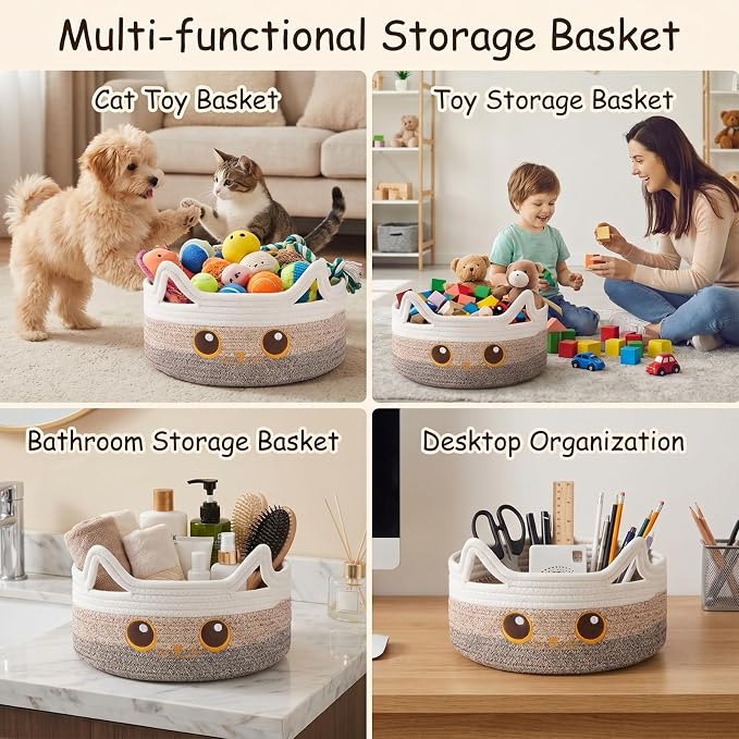 Small Cotton Rope Storage Basket,Round Cat Toy Basket for Living Room,Brown | Cute Decorative Dog Toy Basket, Toy Bin for Baby, Pet, Gift Basket for Halloween, Baby Shower , 11"×11"×4.7"