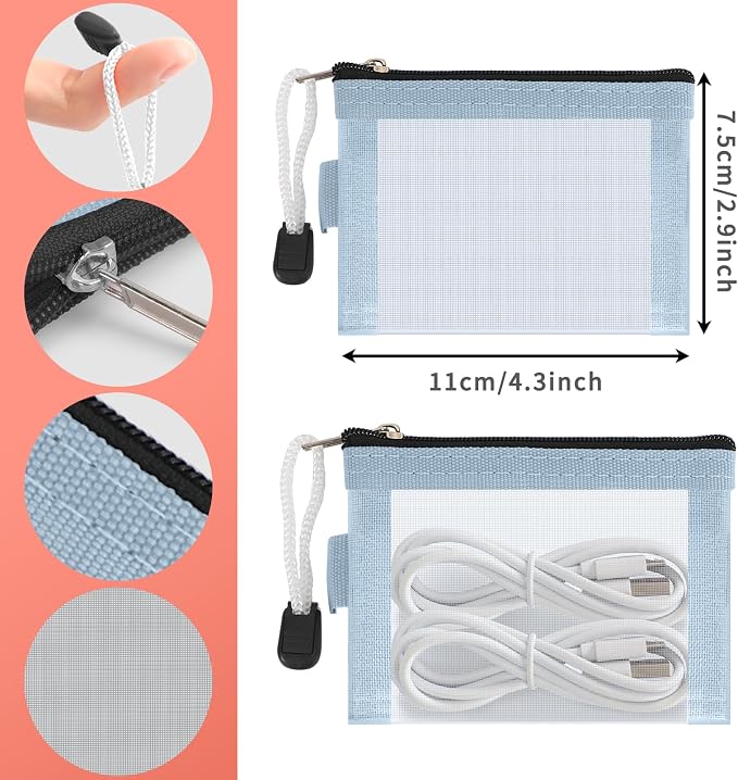 Classycoo Mini Zipper Mesh Bags 5 Pack,3" x 4.3" Nylon Small Zipper Mesh Pouch Key Card Holder,Coin Purse, Portable Travel Makeup Cosmetic Bags for Lipstick,Earphone (Blue)