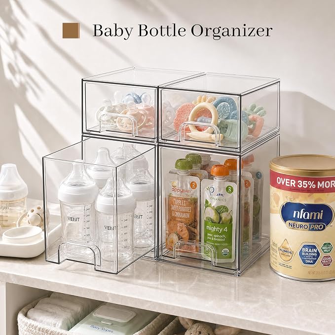 Clear Stackable Storage Drawers, Baby Bottle Organizer, Easily-Access Makeup Organizer, Durable Containers for Bathroom Countertop, Pantry and Medicine Cabinet Organizer