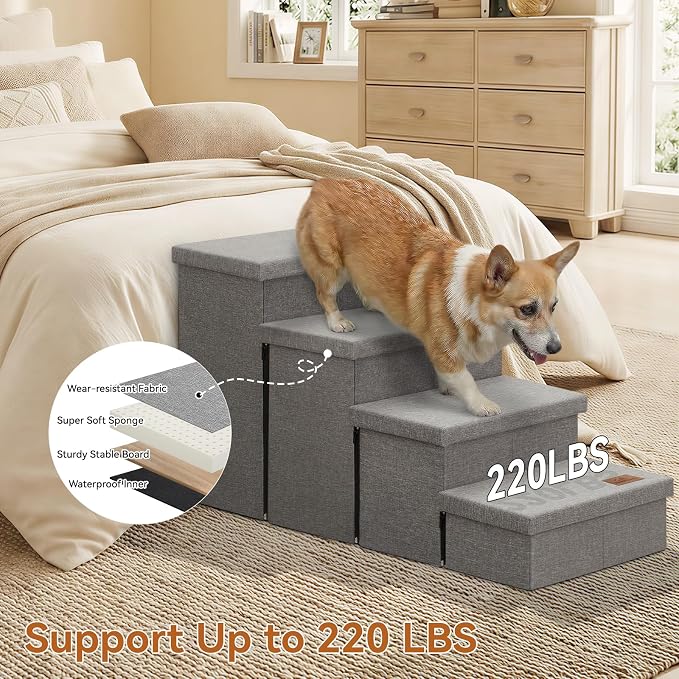 Zerbuger Dog Stairs with Storage, Grey 4 Steps Dog Ramp no Condo for Bed | 23" H Wider Dog Steps for High Beds Couch, Folding Storage Pet Stairs Gift for Climbing Small/Medium/Large Old Dogs Cats