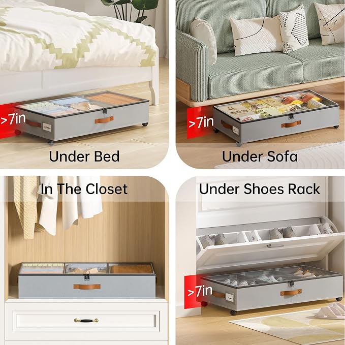 Yecaye Under Bed Storage with Wheels, 2 Pack Under Bed Storage Containers with Adjustable Dividers & Clear Window, Rolling Underbed Organizer Bins Drawers for Clothes, Shoes, Blankets, Grey