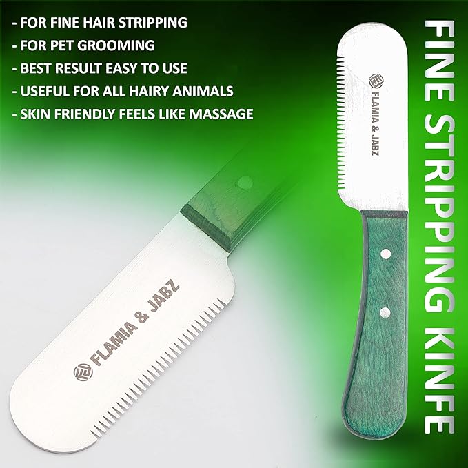 FLAMIA & JABZ FJ Professional Stripping Knife kit (6 pieces set) for Dogs & Pets, Wooden Handle Grip with Stainless Steel Blade (Right handed) (Green)