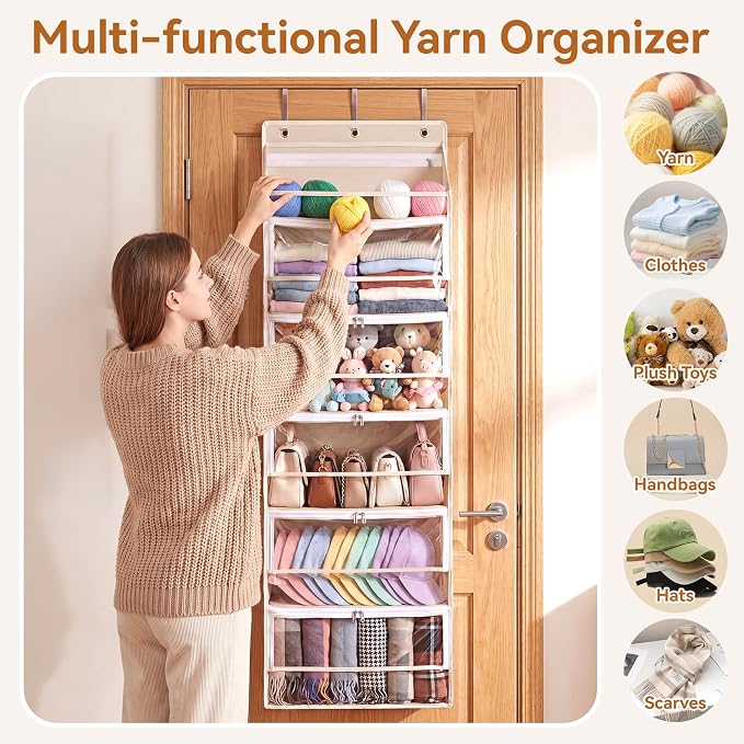Over the Door Yarn Storage Organizer, 6-Tier Large Capacity Yarn Organizer | with Zippered Compartments & Mesh Pockets for Yarn, Needles and Crochet Hooks