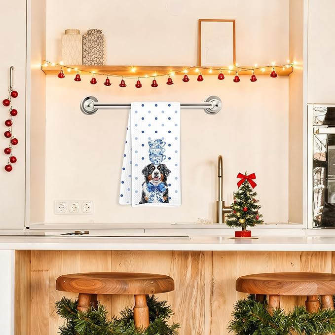 Blue and White Chinoiserie Bernese Mountain Dog Kitchen Towels, Bernese Mountain Dog Gifts Dish Tea Towels, Coquette Bow Cute Dogs Polka Dot Decorative Hand Towel for Bathroom, 16x24 Inch