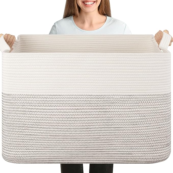 OIASKET 108L Cotton Rope Storage Basket for Living Room and Bedroom 25"x16"x16" Woven Laundry Basket, Heavy Duty Bin for Blankets, Pillows & Toys, Pet-Safe & Scratch-Free, Black and White