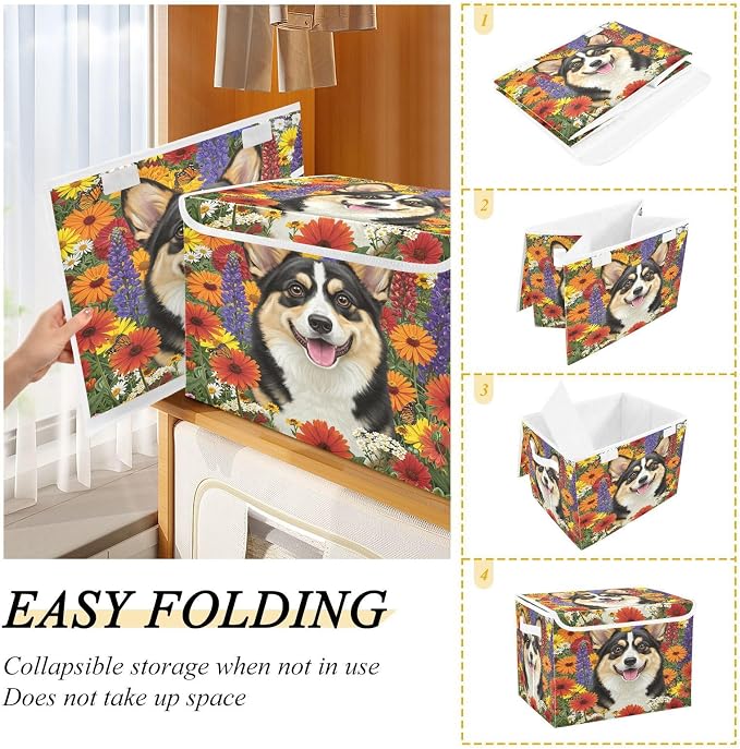 Pet Flower Storage Bins with Lids Closet Bedroom 40L Storage Basket | Decorative Storage Boxes, Foldable & Stackable, Dust-Proof Flip Top, Reinforced Handles, For Home & Dorm, Clothes & Toy Box