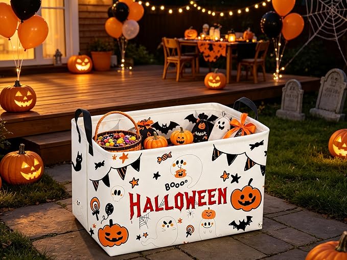Sanjiaofeng Rectangular Halloween Ghost Storage Basket,Halloween Basket.Cute Baskets for Room Decor, Pumpkin Baskets with Handles.Books Bins,Gifts Box(White Ghost)