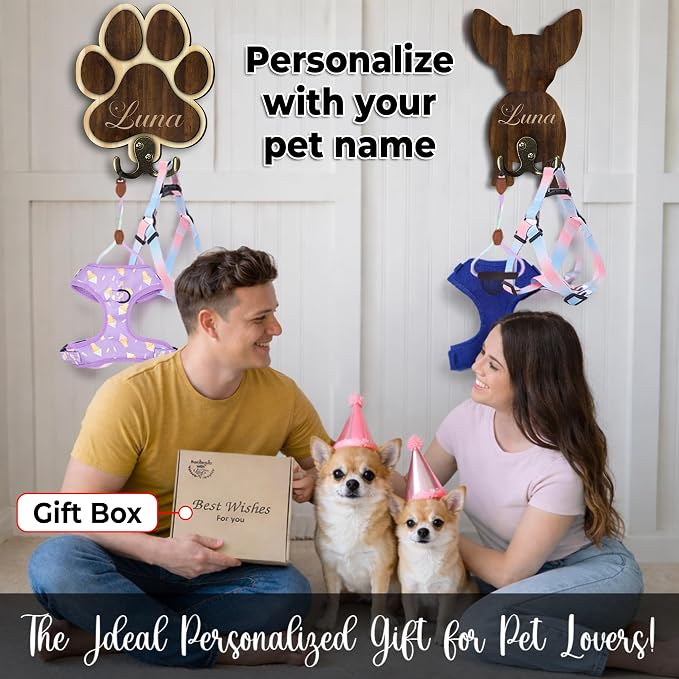 Personalized Dog Leash Holder for Wall, Dog Breed Harness Hanger Organizer, Holder Wall Mount for Key, Collar, Harness, Pet Paw Leash Hooks for Entrance Living Room Kitchen, Pet Lover Gift
