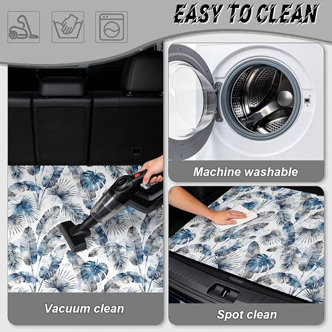 Leaf Print Cargo Mat Rear Trunk Liner, Universal All Weather Car Trunk Mat 29" x 39", Non Slip Washable Durable Pet Friendly Gray Blue Cargo Protection