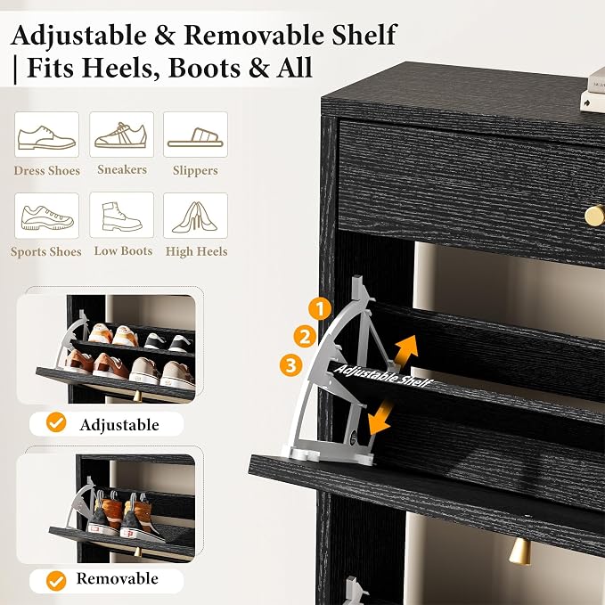 Shoe Cabinet for Entryway, Slim Shoe Rack with 2 Flip Drawers and Top Storage Drawer, Narrow Shoe Organizer with Printed Rattan-Look Design, Entryway Shoe Storage for Size 12+ Shoes, Black