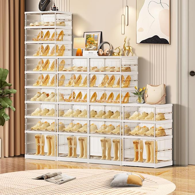 CIMLORD 6-Tier Foldable Shoe Rack, Magnetic Clear Doors, 24 Pairs, White | Collapsible Large Plastic Shoe Cabinet, Stackable, Lidded, Tool-Free Assembly, Fits Boots & Sneakers, Closet & Entryway